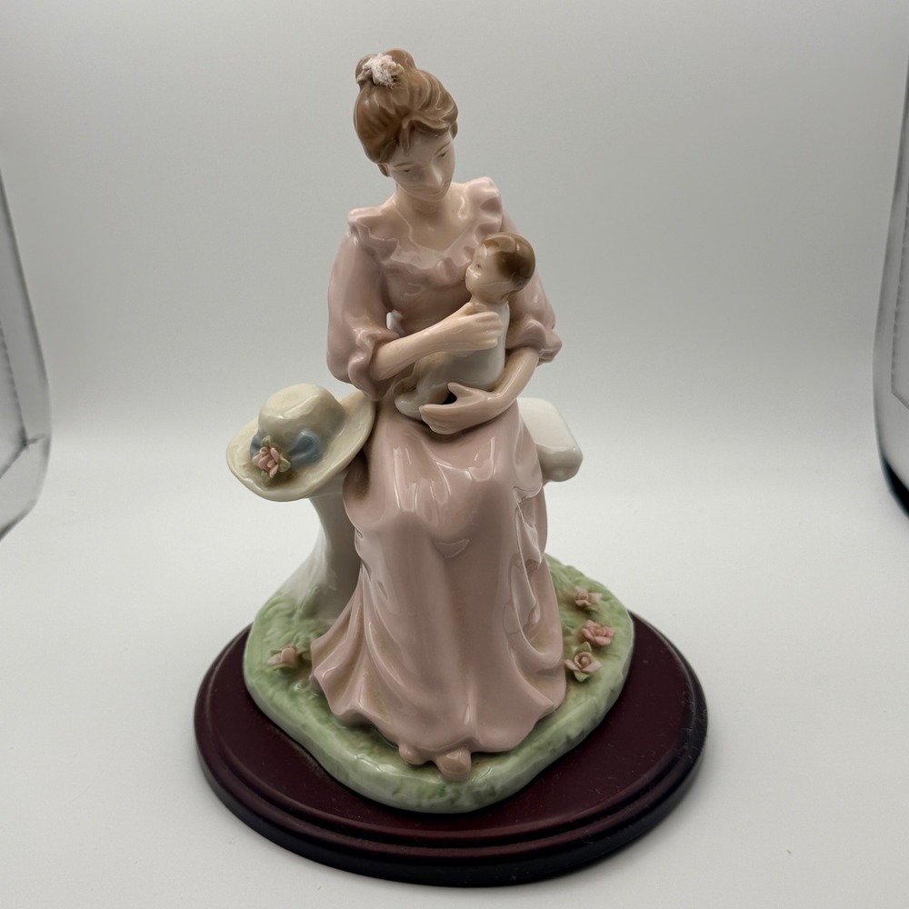 Mother and Child Porcelain Figurine Pink Dress Garden Bench Wood Base 7.5 Inch